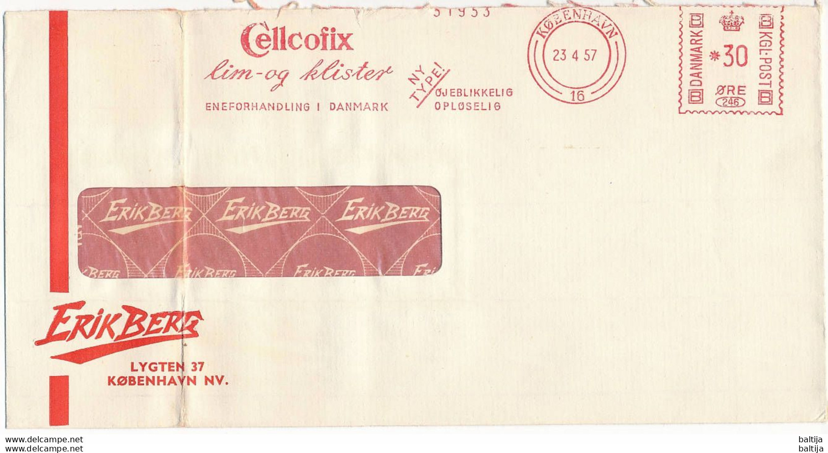 EMA Meter Slogan Cover Hasler / Erik Berg, Cellcofix, Glue, Adhesive - 23 April 1957 København 16 - Cartas & Documentos