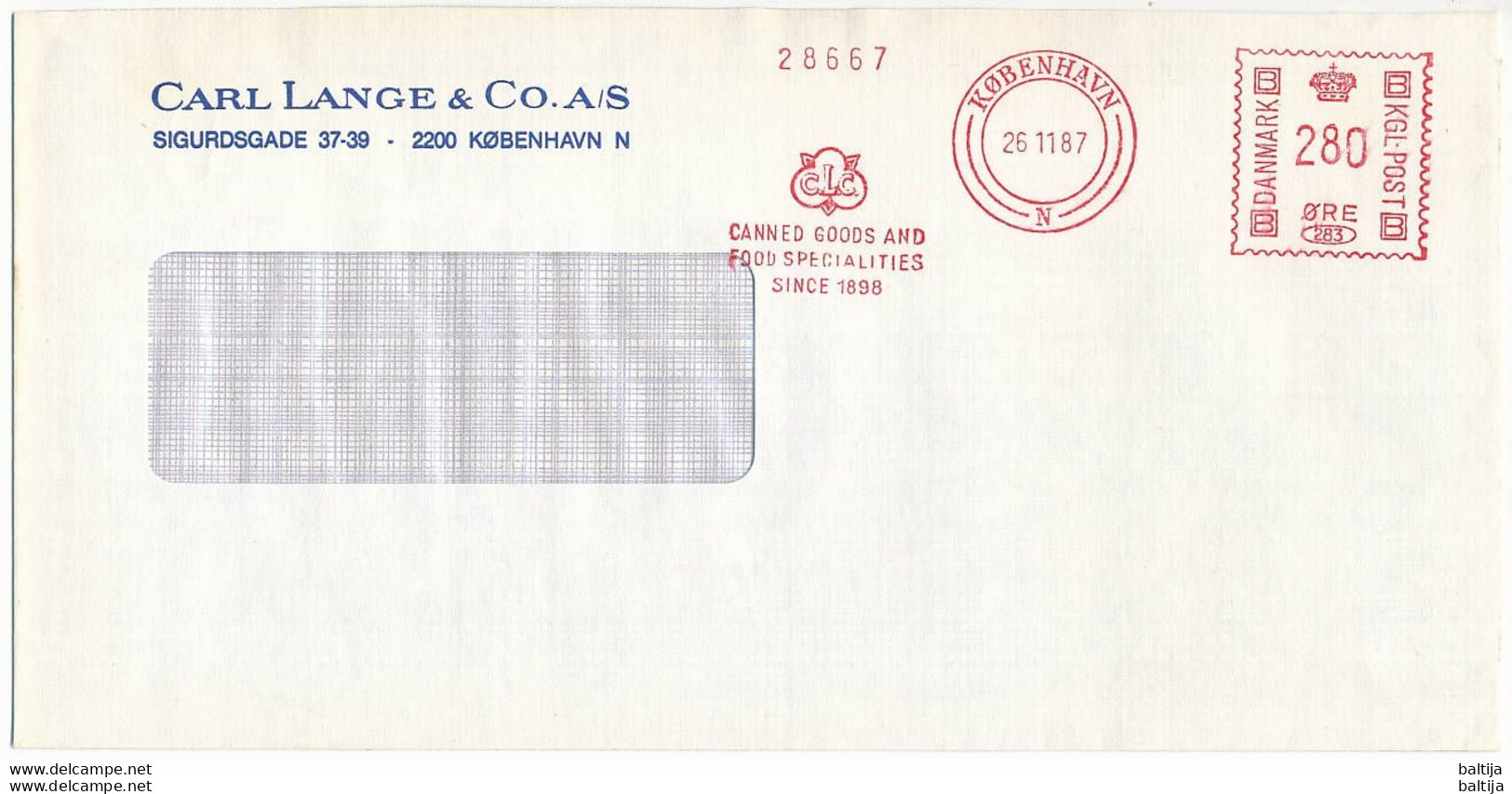 EMA Meter Slogan Cover Hasler / Carl Lange & Co, Canned Food - 26 November 1987 København N - Storia Postale