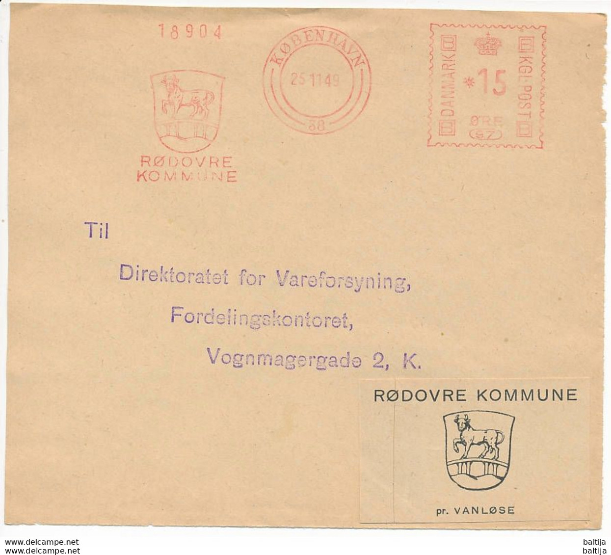 EMA Meter Slogan Cover Front Hasler / Rødovre Kommune, Bull, Heraldry - 25 November 1949 København 38 - Lettres & Documents