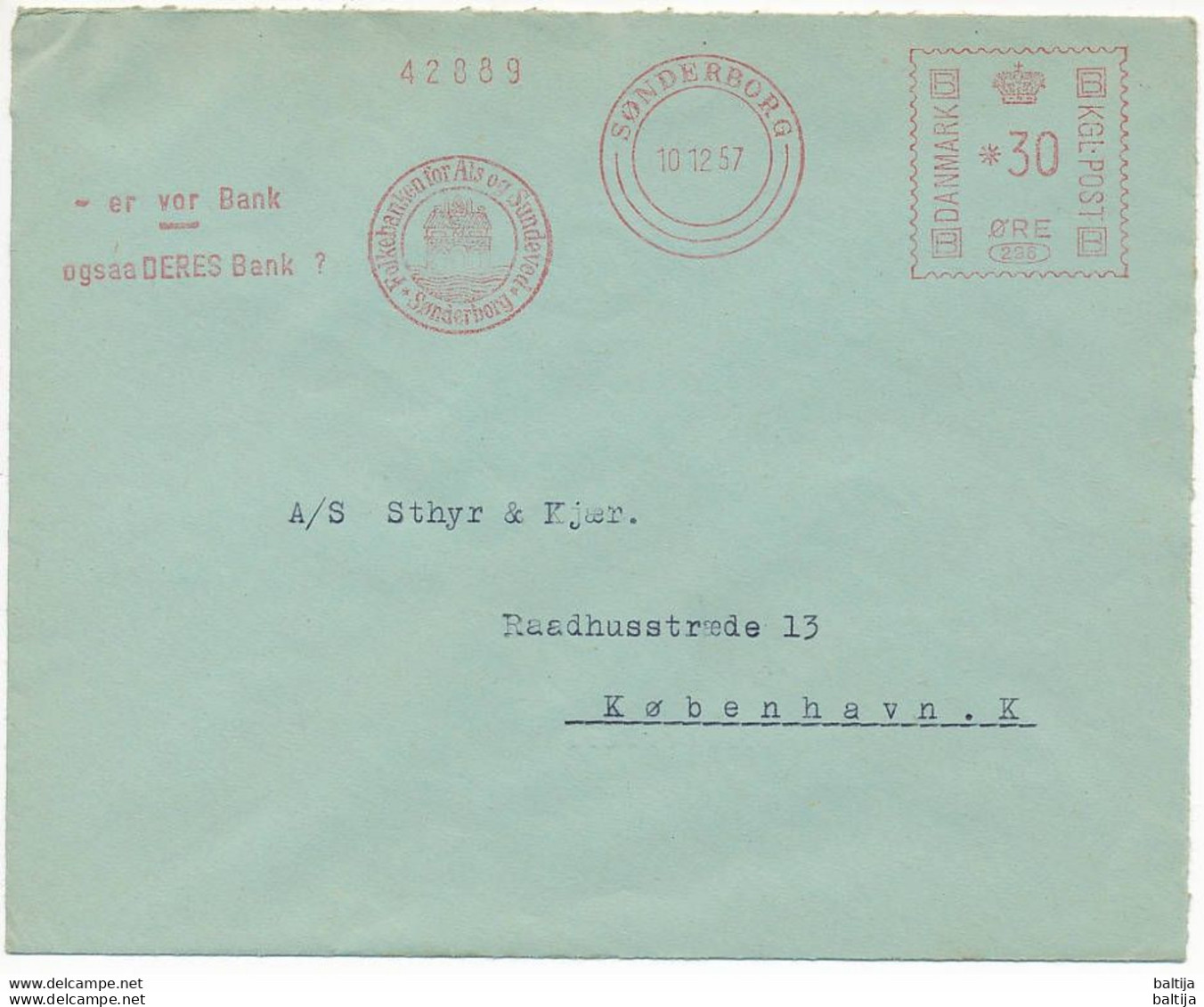 EMA Meter Slogan Cover Hasler / Folkebanken For Als Og Sundeved, Bank - 10 December 1957 Sønderborg - Cartas & Documentos