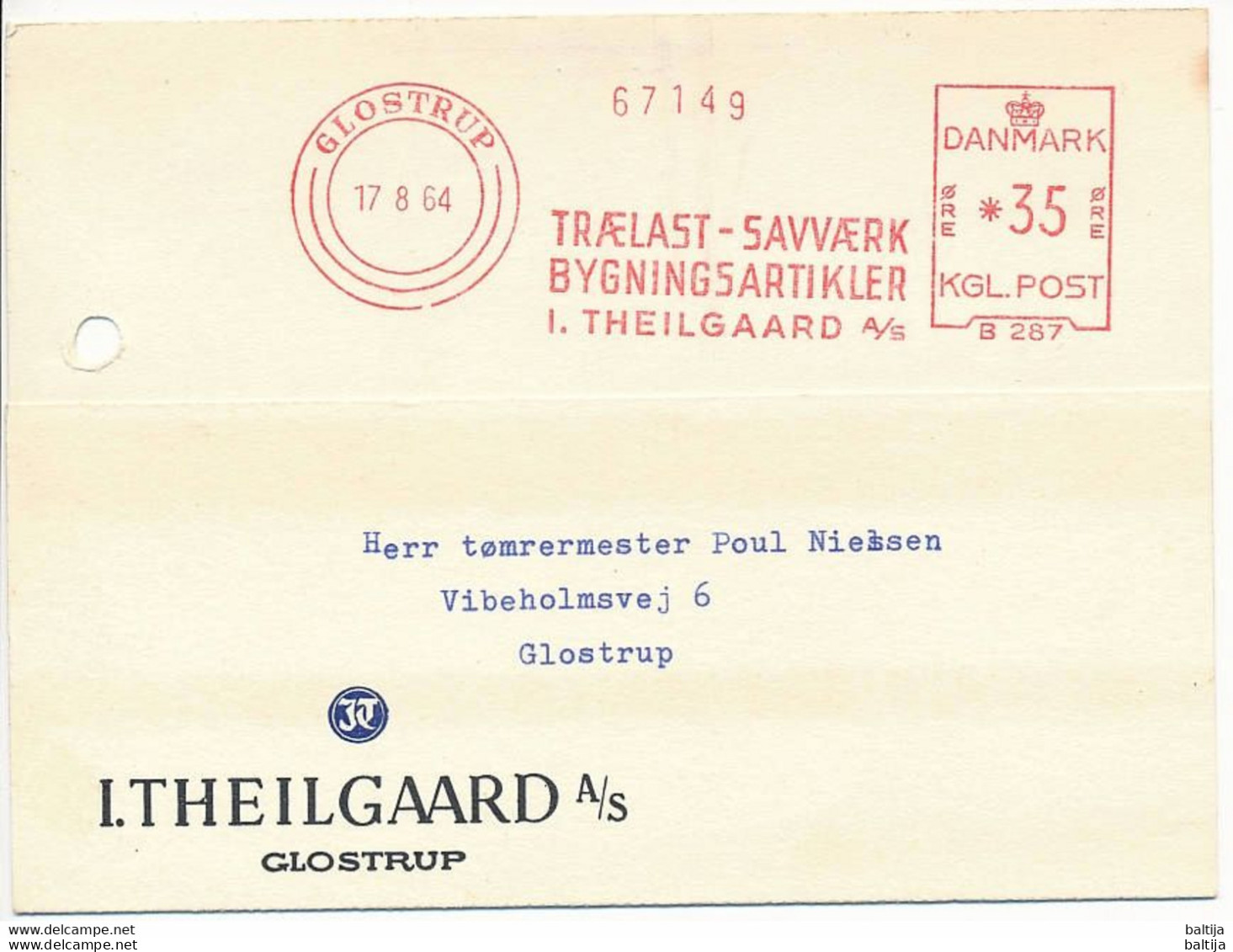 EMA Meter Slogan Postcard Hasler / I. Theilgaard, Lumber, Sawmill, Construction - 17 August 1964 Glostrup - Lettres & Documents