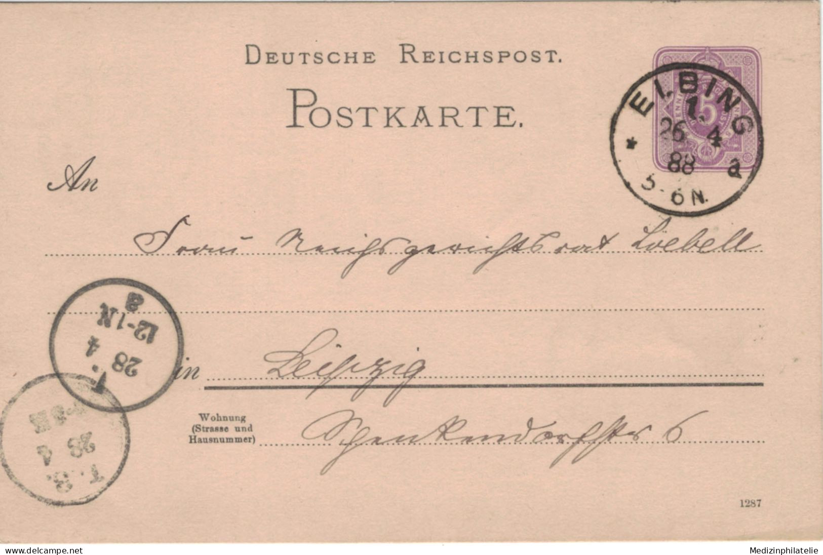 Ganzsache 5 Pfennig - Elbing 1888 > Kreisgerichtsrat Liebell Leipzig - Postcards