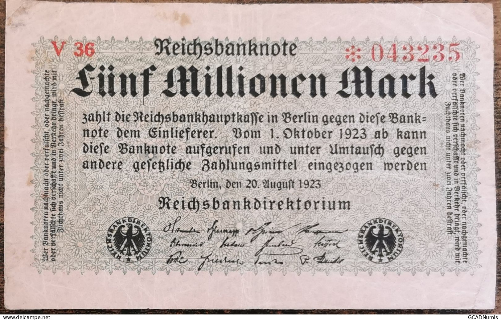 Billet Allemagne 5 Millions Mark 1 - 10 - 1923 / Reichsbanknote / 5.000.000 Mark - 5 Millionen Mark