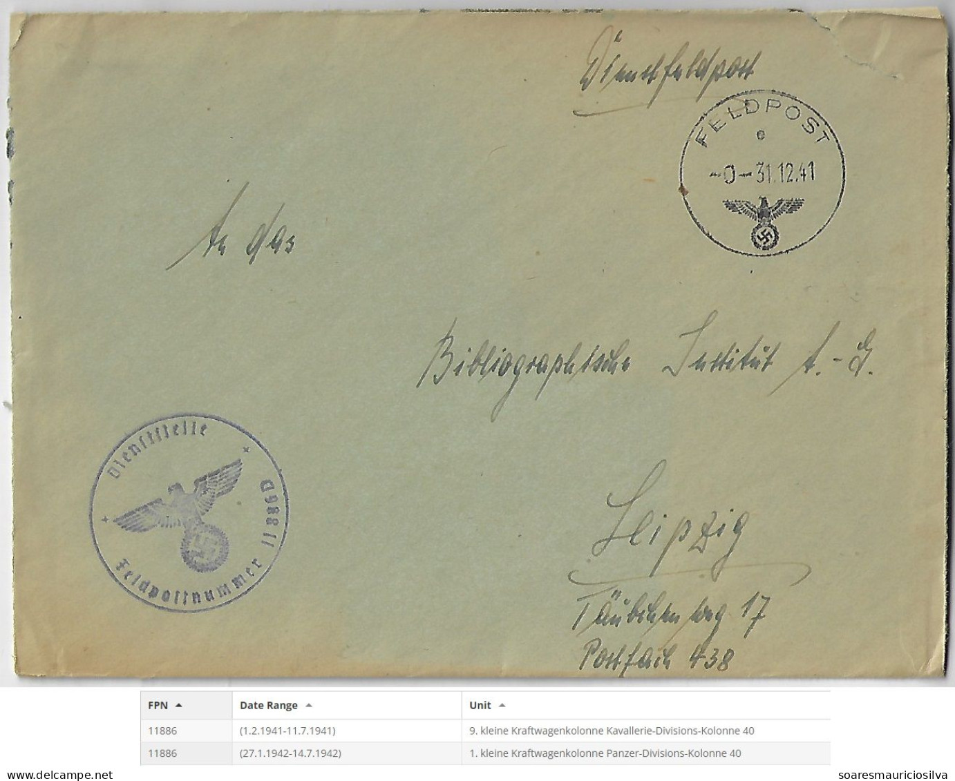 Germany 1941 Feldpost Cover Cancel Eagle Swastika Number 11886 1st Small Motor Vehicle Column Panzer Division Column 40 - Feldpost 2. Weltkrieg