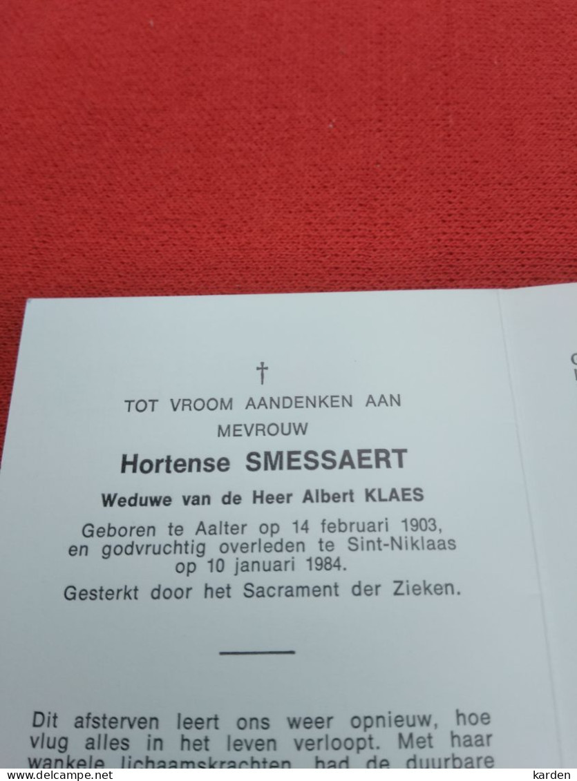 Doodsprentje Hortense Smessaert / Aalter 14/2/1903 Sint Niklaas 10/1/1984 ( Albert Klaes ) - Religión & Esoterismo