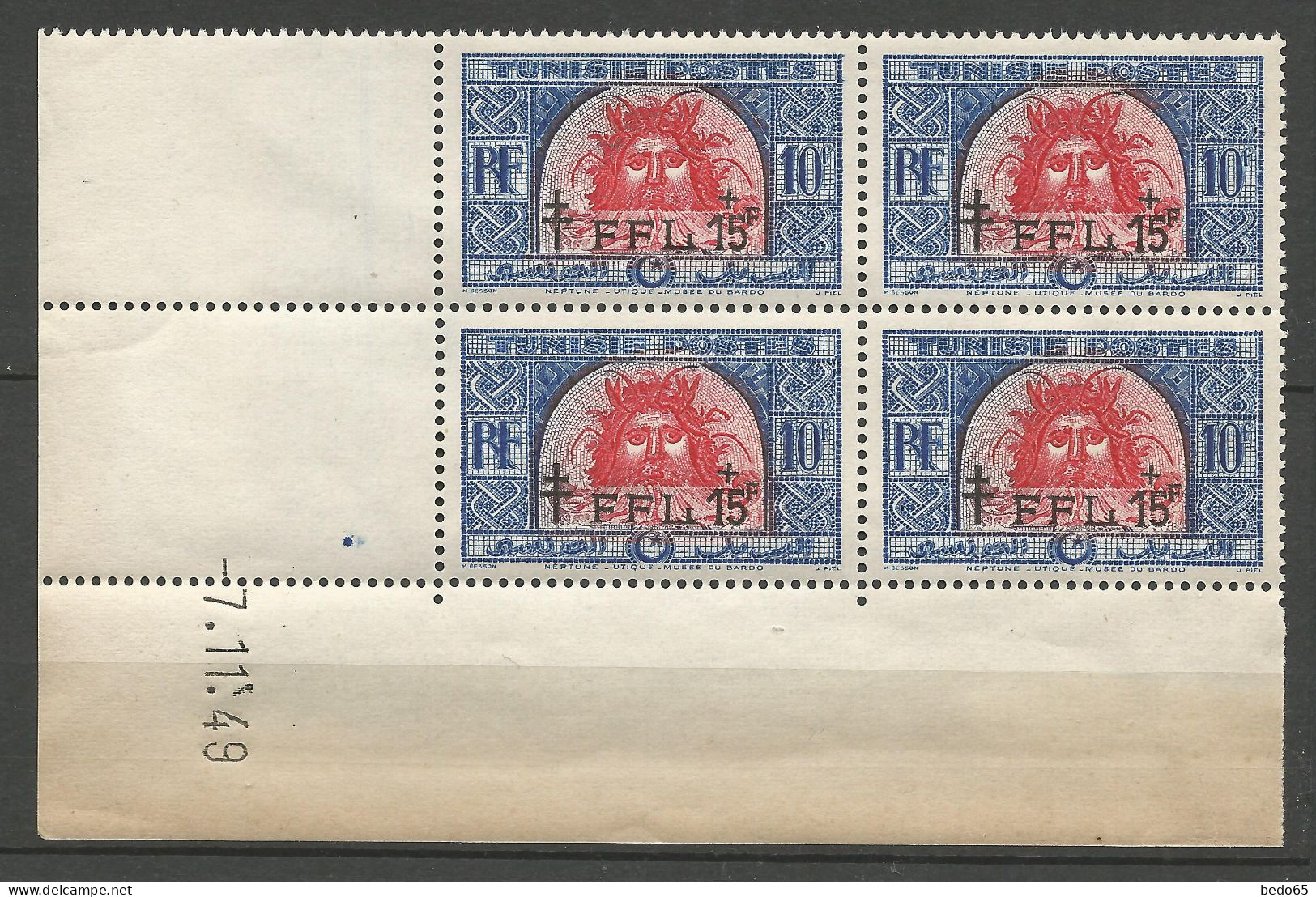 TUNISIE N° 333 Bloc De 4 Coin Daté 7 / 11 / 49 NEUF** SANS CHARNIERE NI TRACE  / Hingeless  / MNH - Ungebraucht