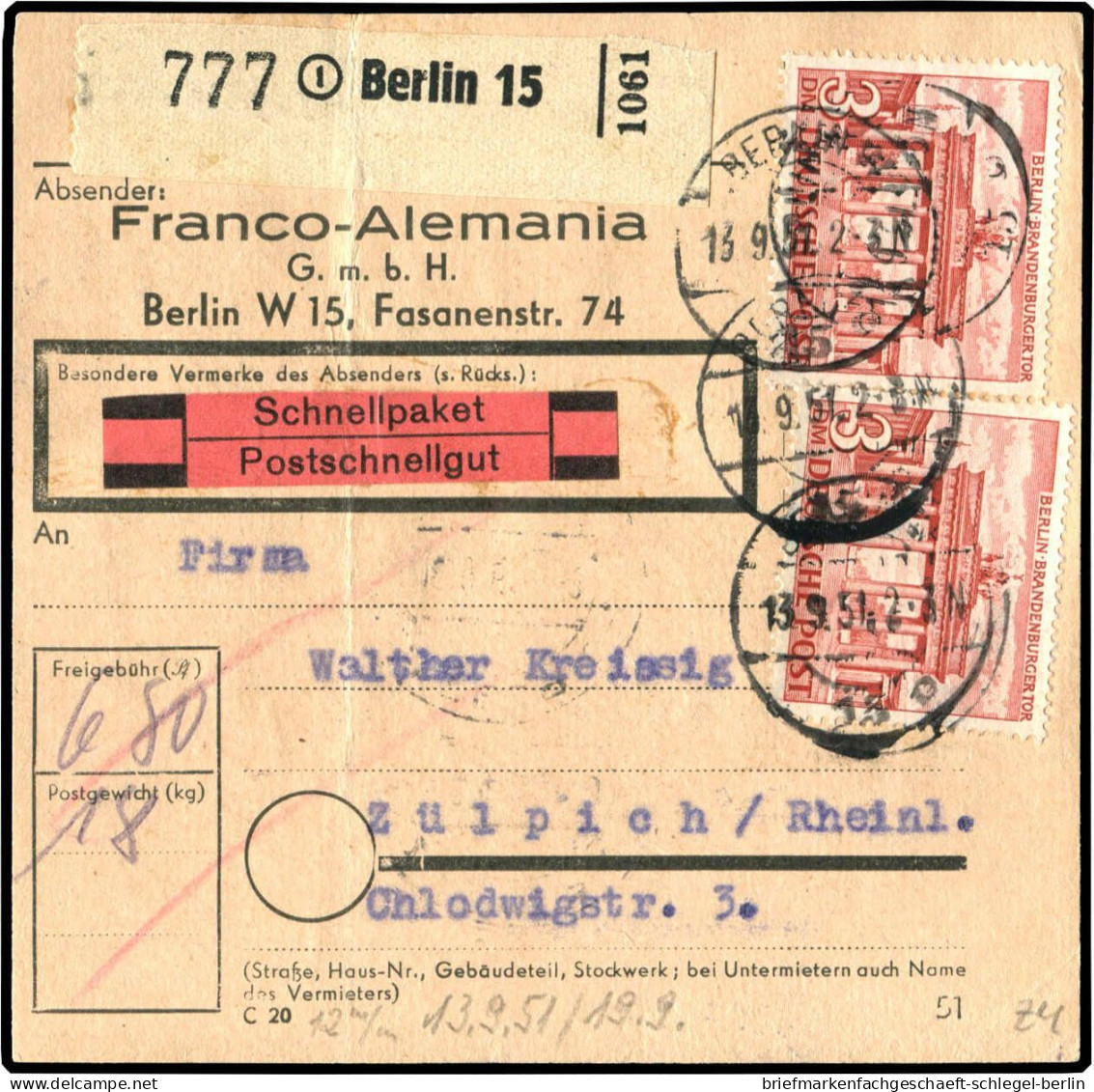 Berlin, 1951, 59 (2) + 51,53, Brief - Autres & Non Classés