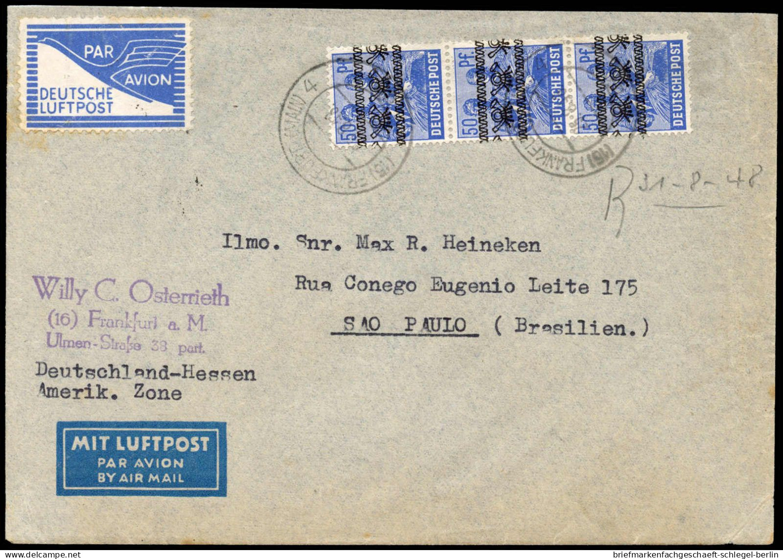 Bizone Flugpost-Zulassungsmarke, 1948, 48 I (3) + FZ 1, Brief - Storia Postale