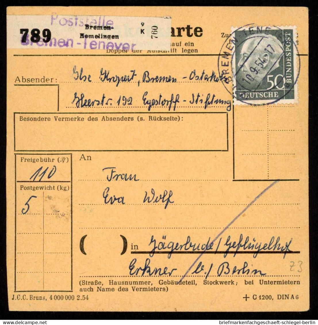 Bundesrepublik Deutschland, 1954, 125 (12) + 189, Brief - Sonstige & Ohne Zuordnung