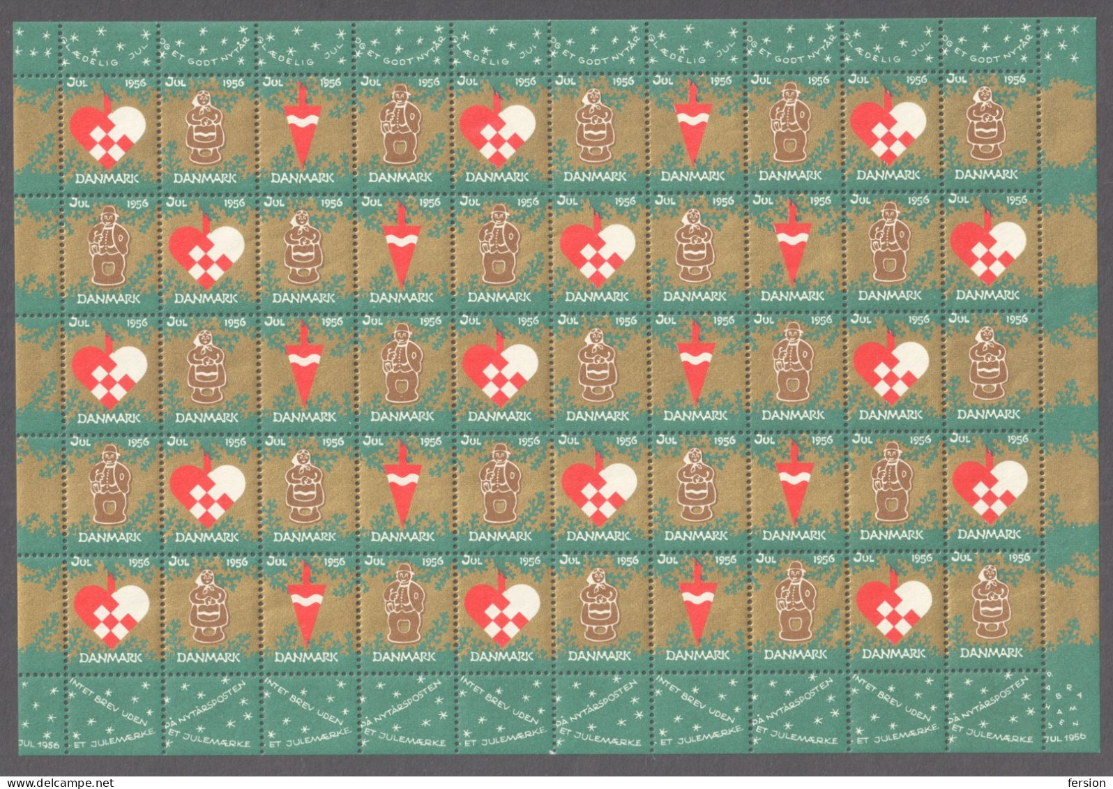 Gingerbread Christmas JUL JULEN Charity Label Cinderella Vignette 1956 Gold Sheet Denmark Danmark - Ganze Bögen