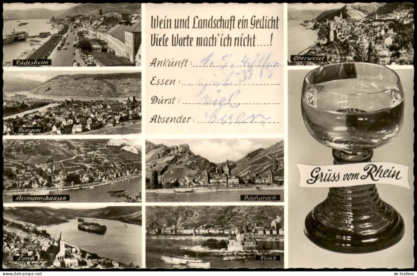 Ansichtskarte Bacharach MB: Rüdesheim, Bingen, Oberwesel Uvm. Weinglas 1958 - Bacharach