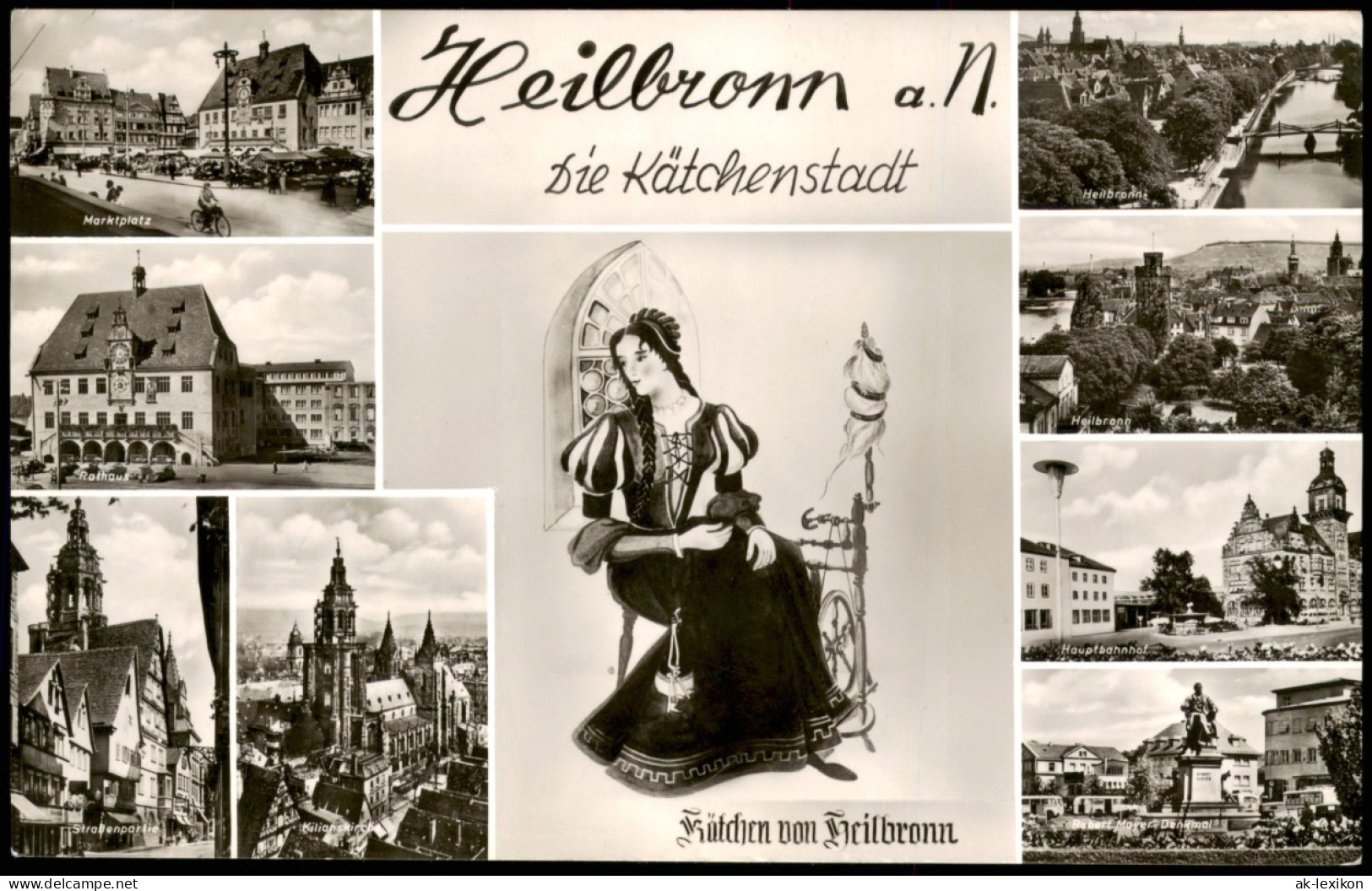 Heilbronn Mehrbildkarte Stadtteilansichten Und Kätchen Illustration 1956 - Heilbronn