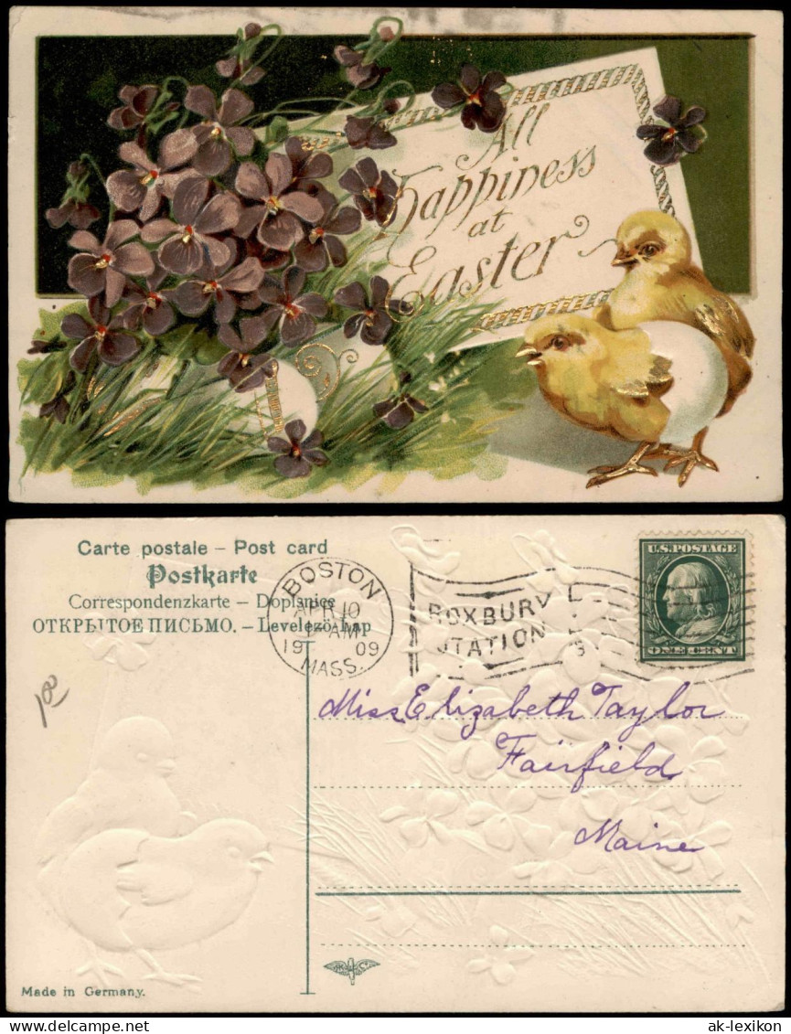 Glückwunsch Ostern / Easter Küken - Kleeblätter Ei 1900 Goldrand/Prägekarte - Easter