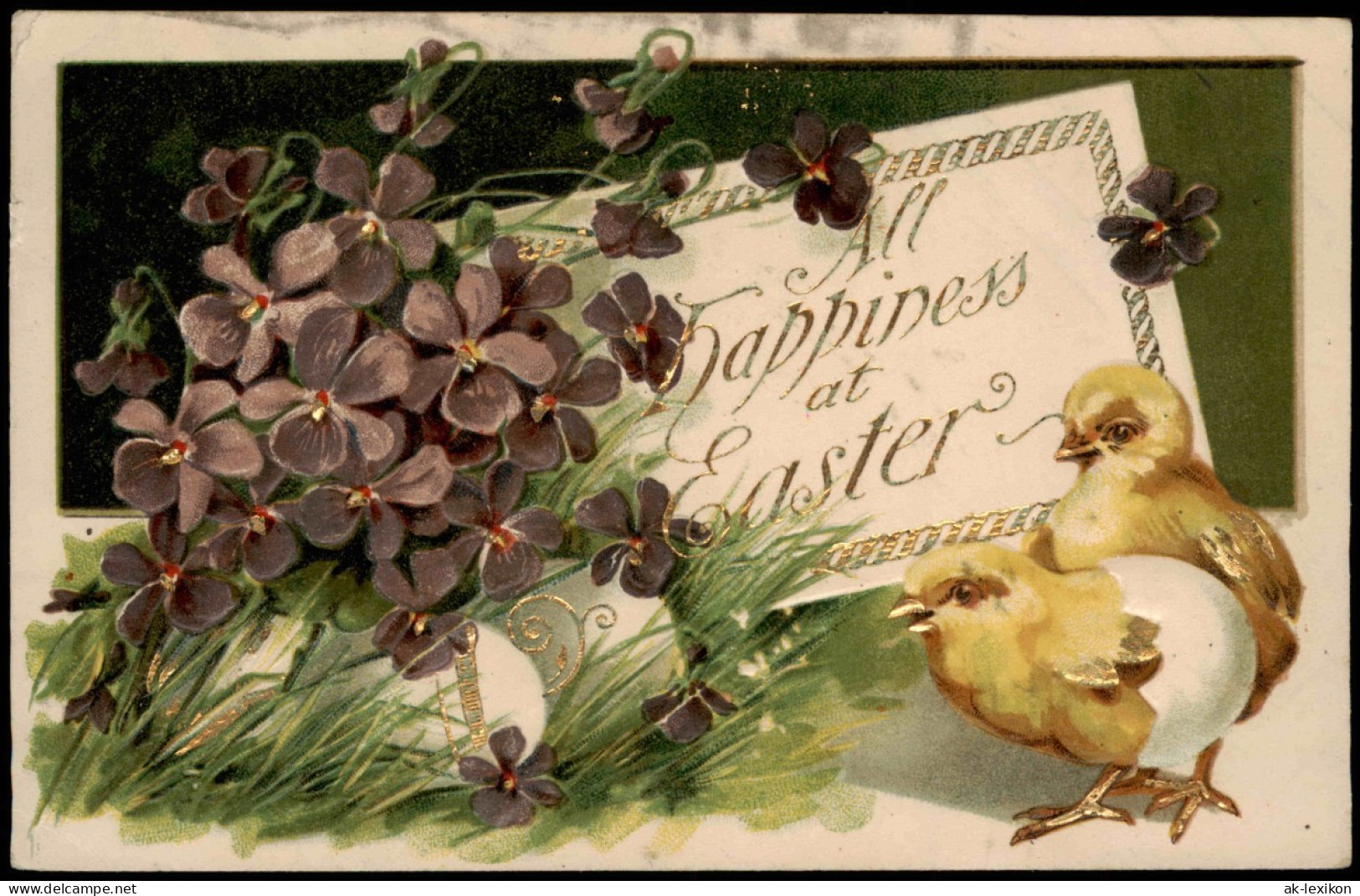 Glückwunsch Ostern / Easter Küken - Kleeblätter Ei 1900 Goldrand/Prägekarte - Easter