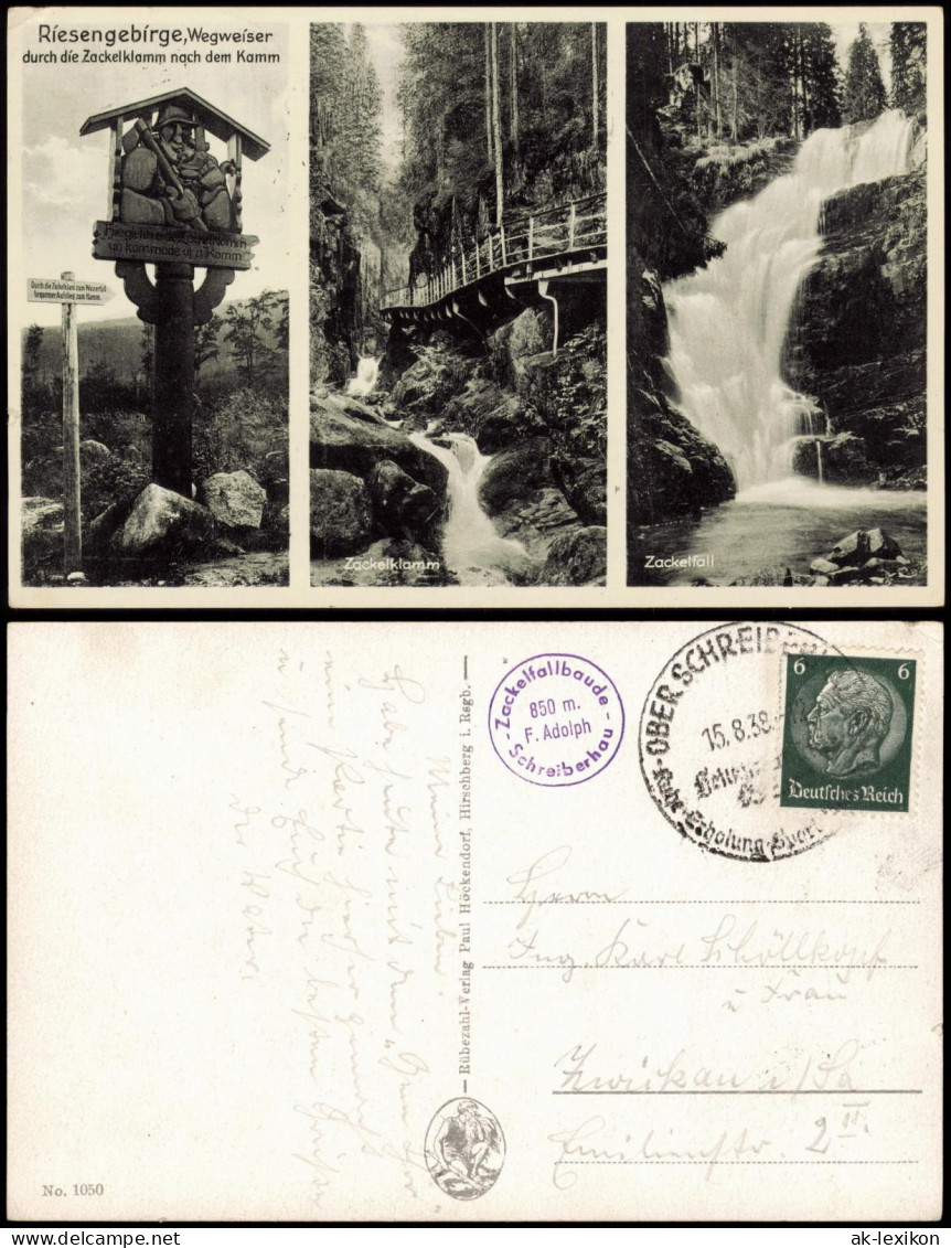 Hirschberg (Schlesien) Jelenia Góra Zackelfall Riesengebirge 3 B Wegweiser 1938 - Schlesien