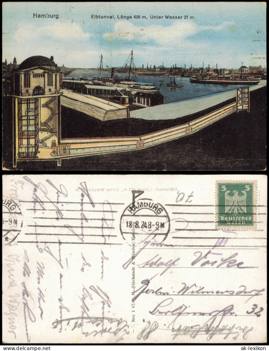 St. Pauli-Hamburg Elbtunnel, Dampfer, Querschnitt - Künstlerkarte 1924 - Other & Unclassified