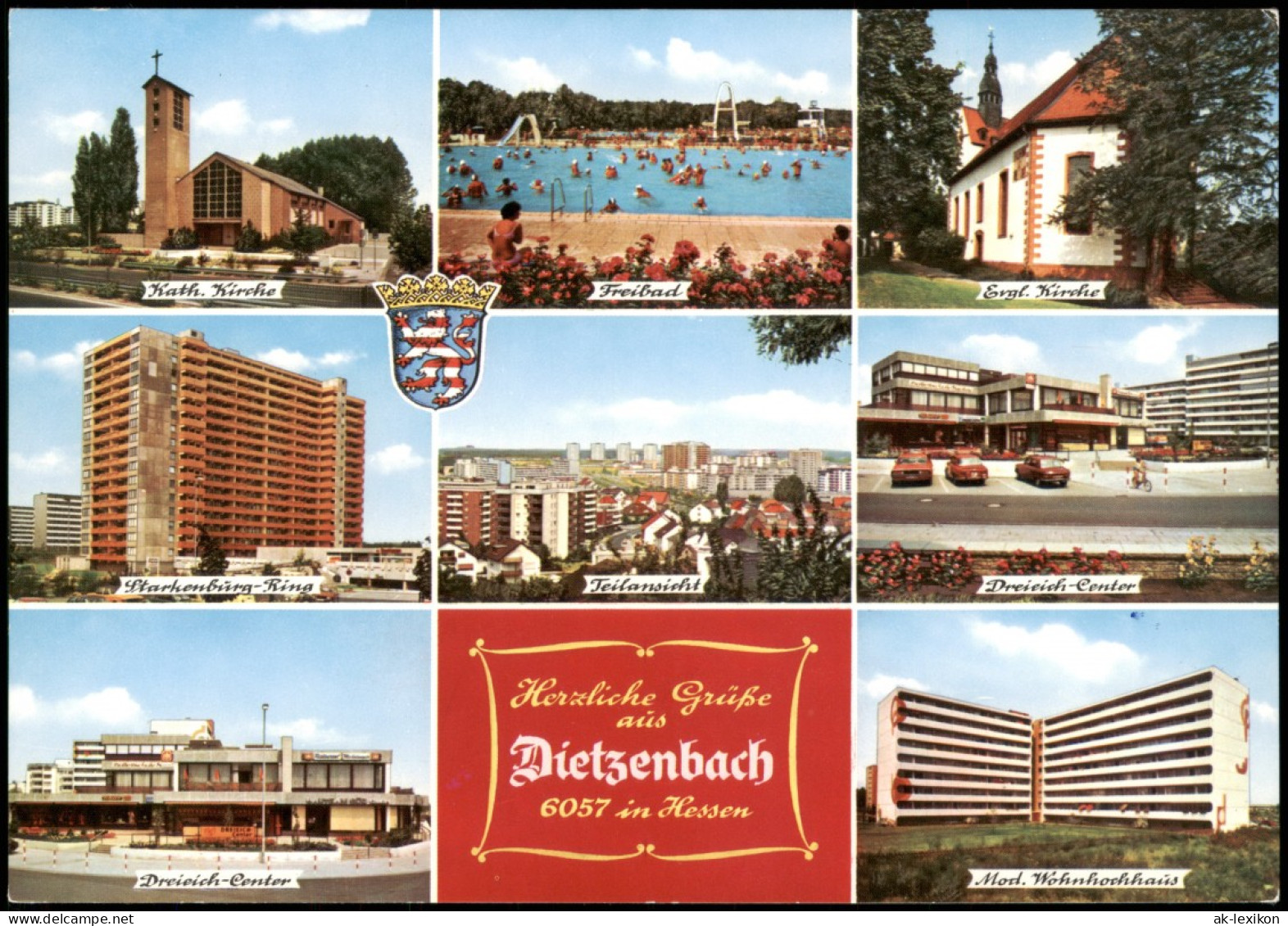 Dietzenbach Mehrbild-AK Mit Dreieich-Center, Kirche, Freibad, Wohnhochhaus 1977 - Other & Unclassified