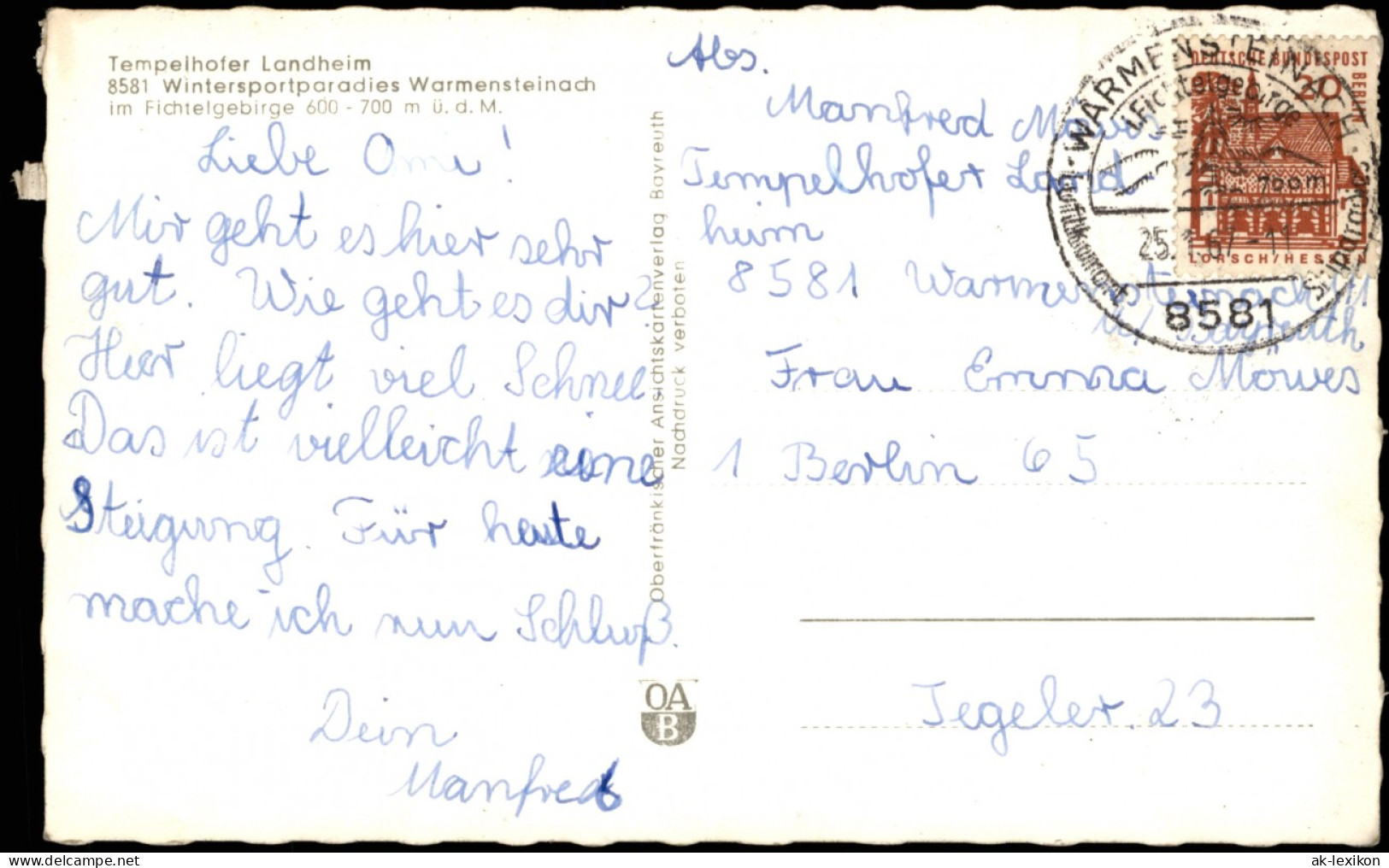 Ansichtskarte  Tempelhofer Landheim Warmensteinach Im Fichtelgebirge 1967 - Sonstige & Ohne Zuordnung