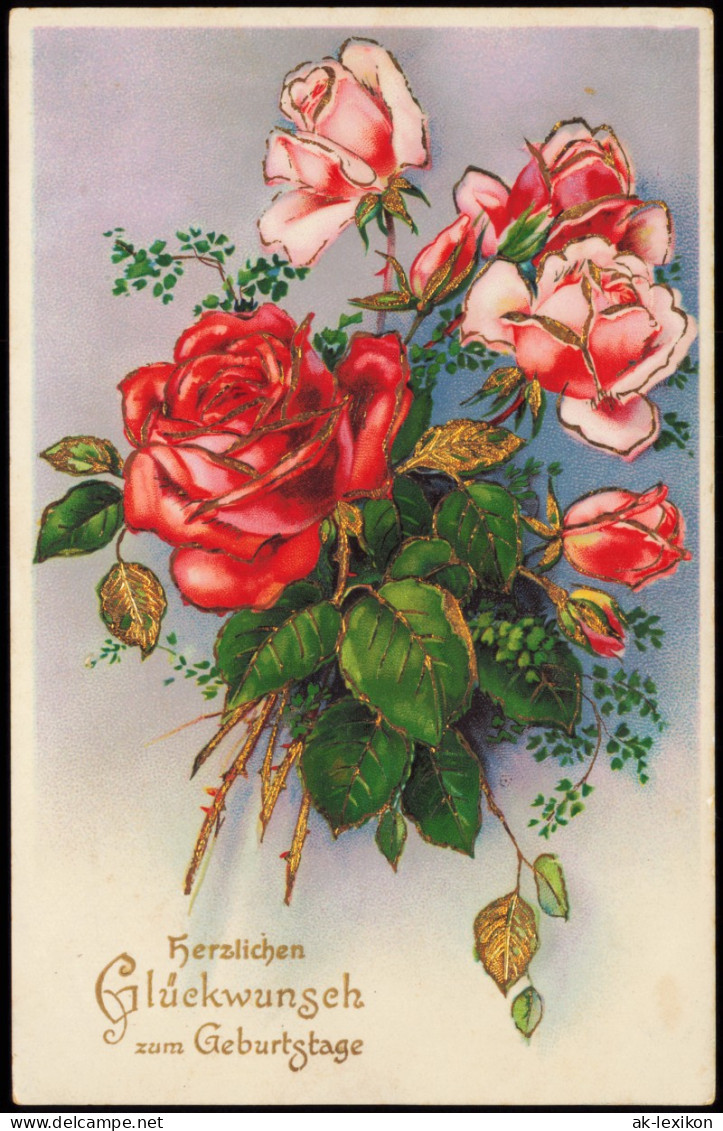 Glückwunsch Geburtstag Birthday, Rosen - Prägekarte 1937 Goldrand - Geburtstag