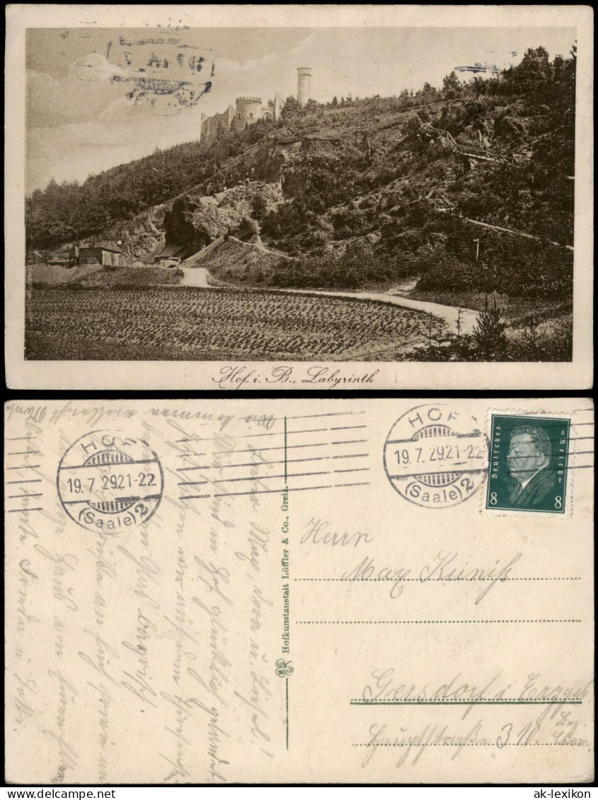 Ansichtskarte Hof (Saale) Lybyrinth, Brücke Aussichtsturm 1929 - Hof