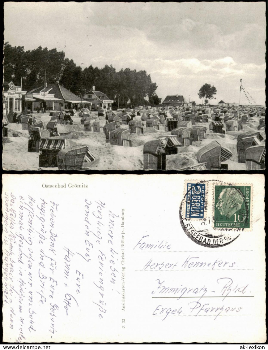 Ansichtskarte Grömitz (Holstein) Strand, Kiosk Photogeschäft 1956 - Sonstige & Ohne Zuordnung