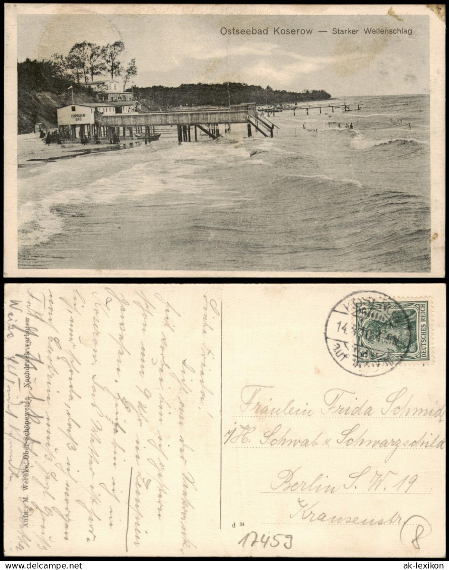 Ansichtskarte Koserow Usedom Seebrücke Familienbad, Starker Wellenschlag 1910 - Sonstige & Ohne Zuordnung