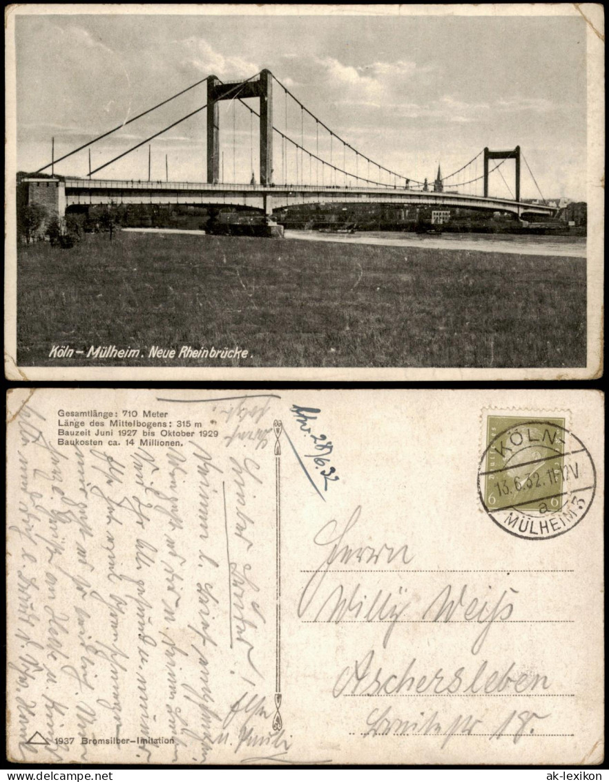 Ansichtskarte Mülheim-Köln Neue Rheinbrücke 1932 - Koeln