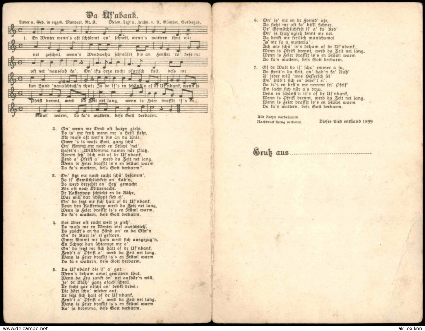 Lied Erzgebirge Klappkarte Uf Nbank 1909 Erzgebirge, Anton Günther Gottesgab: - Musik