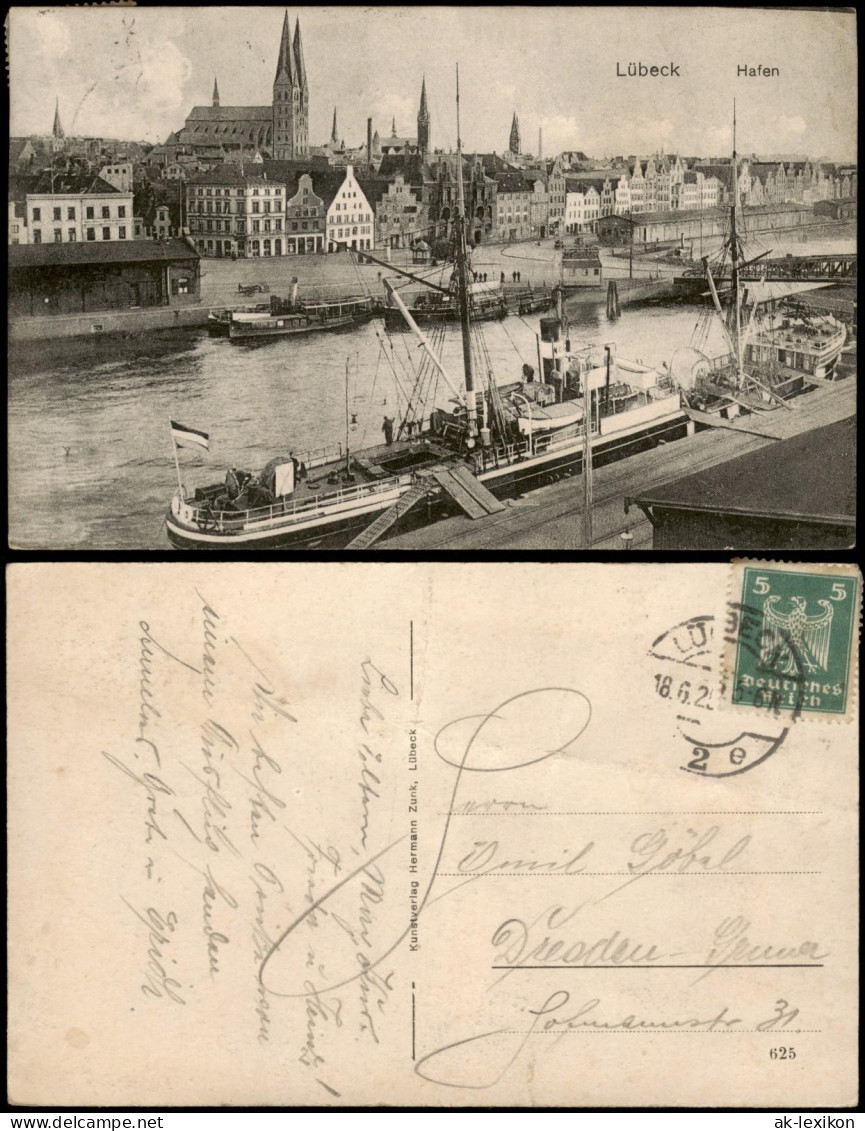 Ansichtskarte Lübeck Hafen, Stadt, Dampfer 1926 - Other & Unclassified