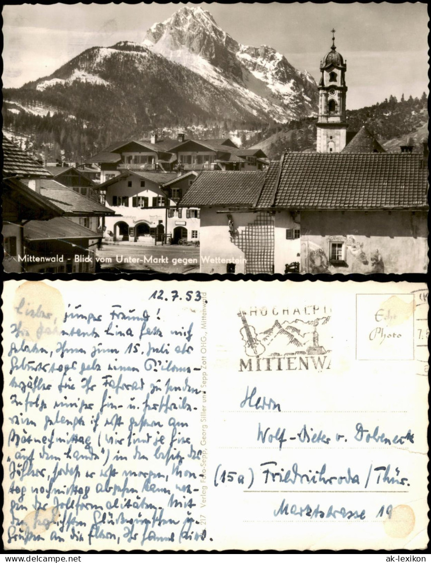 Ansichtskarte Mittenwald Blick Vom Unter-Markt Gegen Wetterstein 1953 - Mittenwald