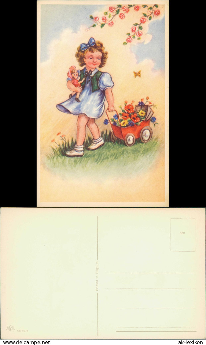 Kinder Künstlerkarte: Mädchen Mit Puppe Und Puppenwagen Voller Blumen 1940 - Retratos