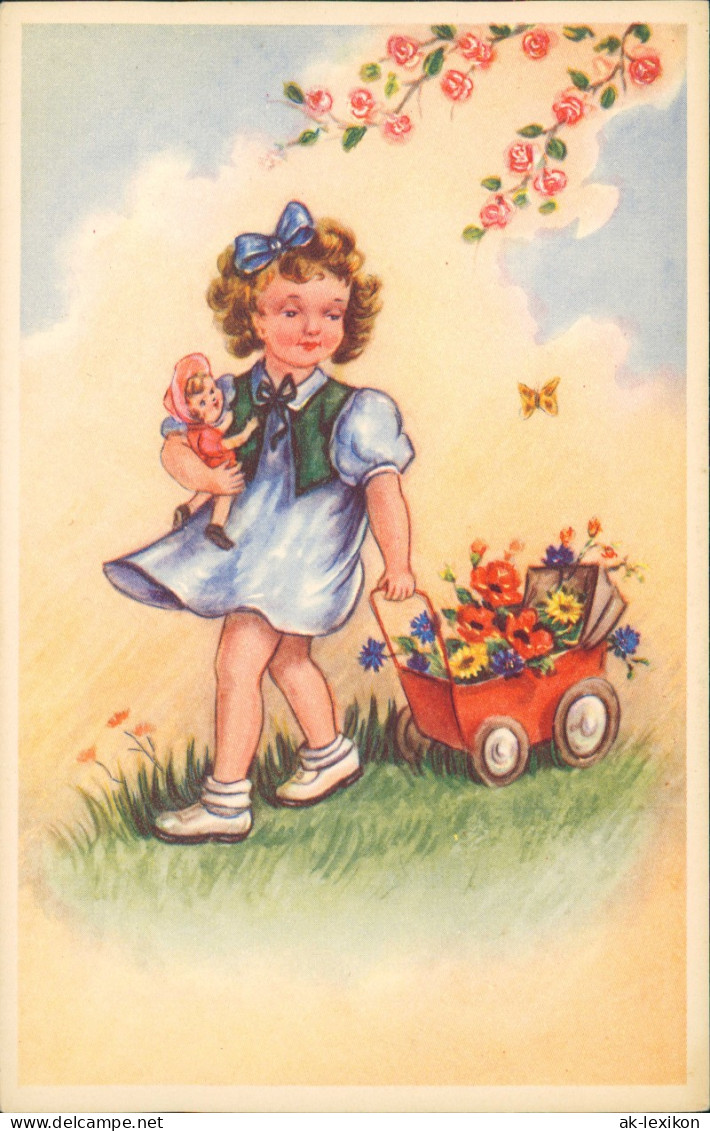 Kinder Künstlerkarte: Mädchen Mit Puppe Und Puppenwagen Voller Blumen 1940 - Abbildungen