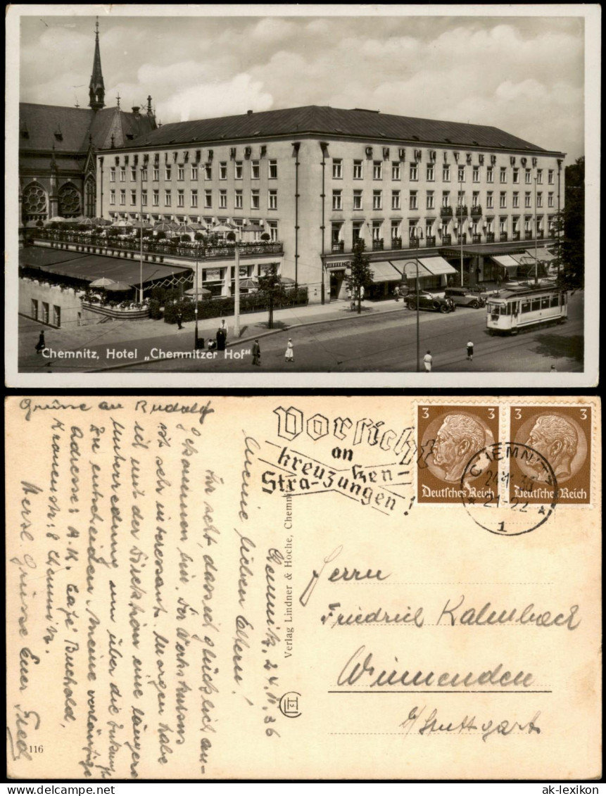 Ansichtskarte Chemnitz Tram Straßenbahn Passiert Hotel Chemnitzer Hof 1936 - Chemnitz