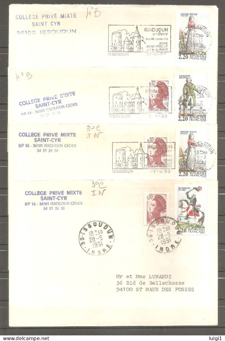 FRANCE 1989/90.Lot De 4 Lettres Ayant Circulées, Affranchies Avec Y&T N°2592-93-95. Personnages Célèbres Révolution. - Usados