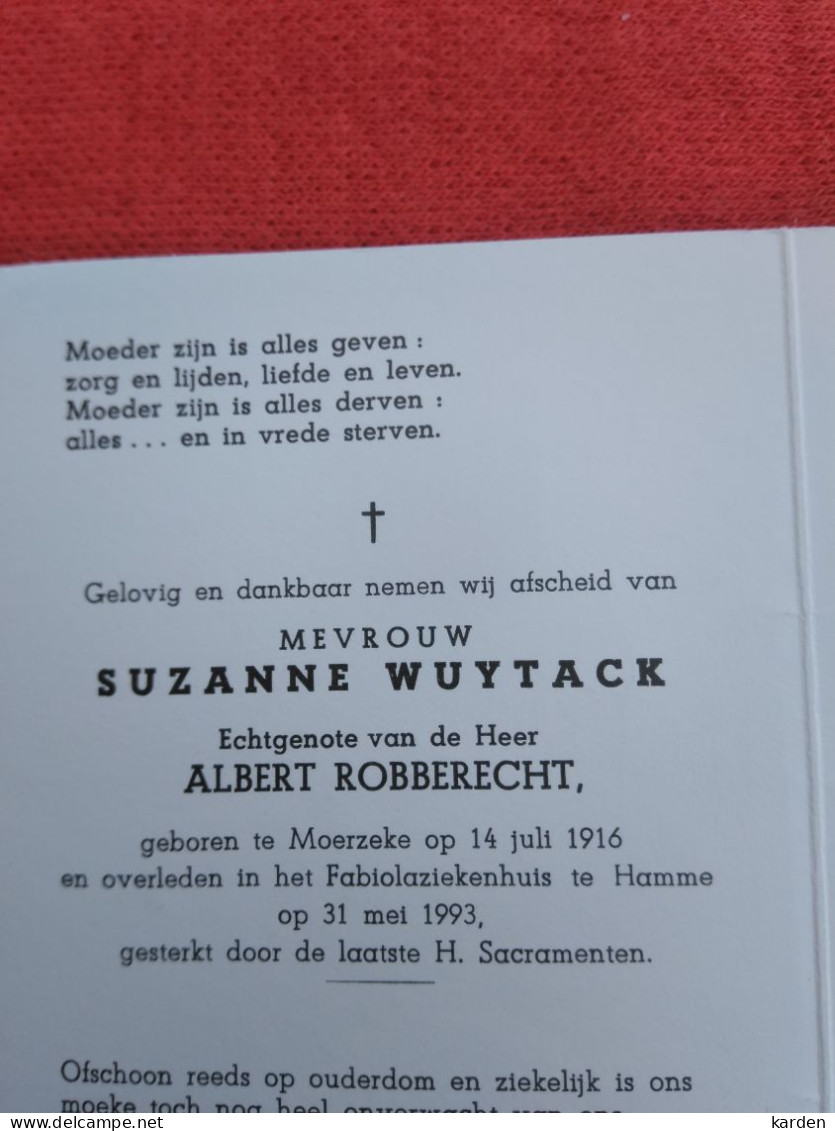 Doodsprentje Suzanne Wuytack / Moerzeke 14/7/1916 Hamme 31/5/1993 ( Albert Robberecht ) - Religión & Esoterismo