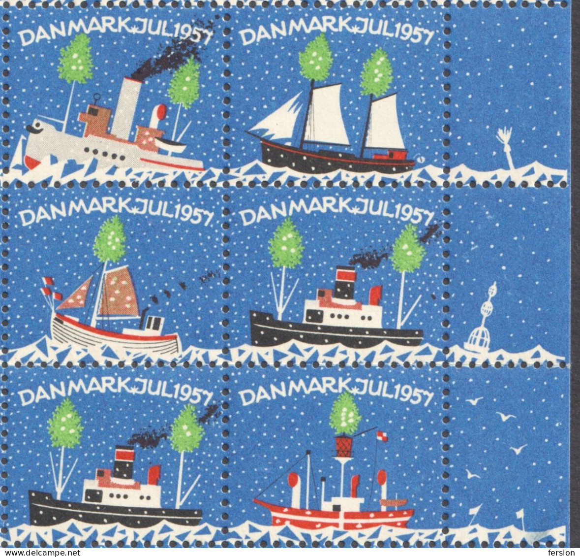 Sailing Steamer Steam SHIP Light Star Christmas JUL JULEN Charity Label Cinderella Vignette 1957 Sheet Denmark Danmark - Boten