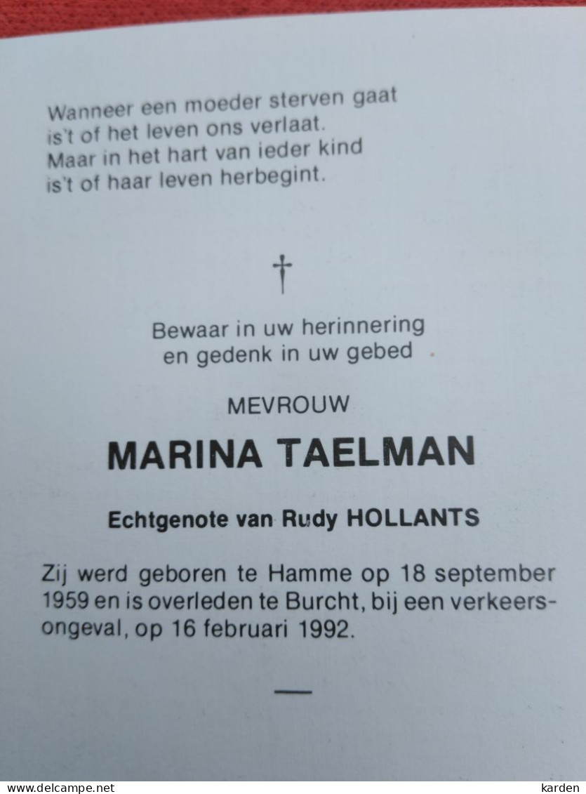 Doodsprentje Marina Taelman / Hamme 18/9/1959 Burcht 16/2/1992 ( Rudy Hollants ) - Godsdienst & Esoterisme