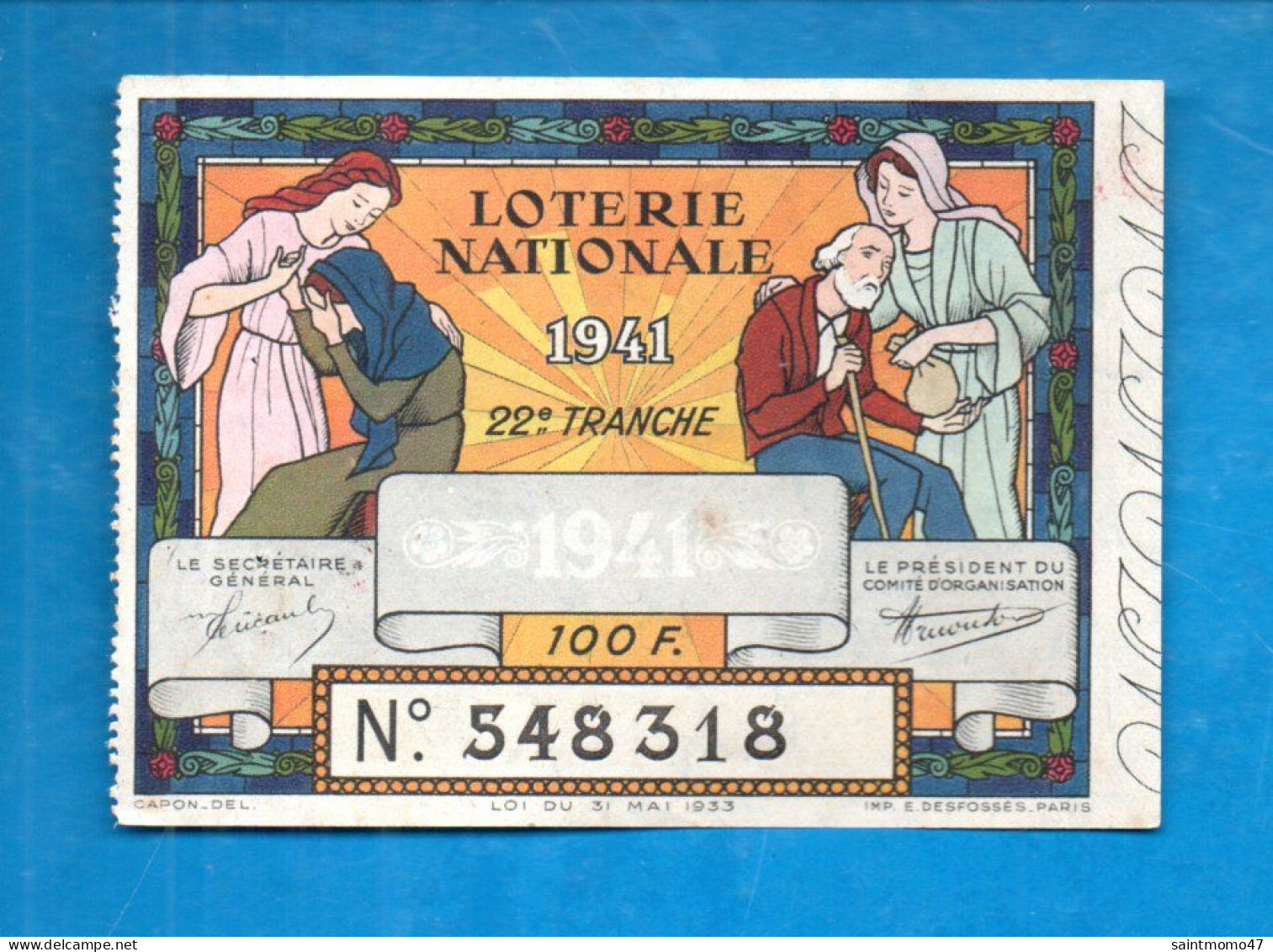 FRANCE . LOTERIE NATIONALE 1941 - Ref. N°13010 - - Biglietti Della Lotteria