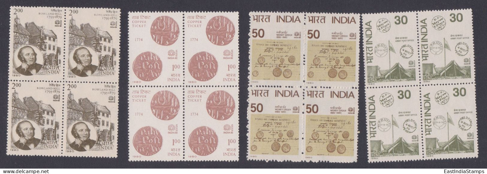 Inde India 1980 MNH Army Post Office, Copper Ticket, Old Postmark, Rowland Hill, Money Order, Stamp Exhibition, Block - Nuovi