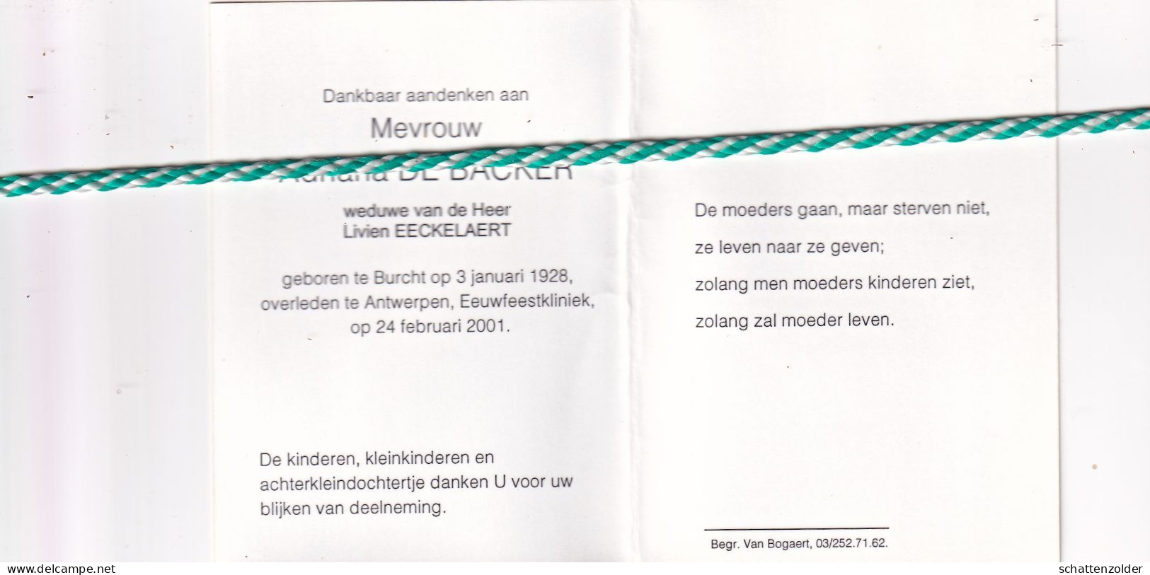 Adriana De Backer-Eeckelaert, Burcht 1928, Antwerpen 2001. Foto - Obituary Notices