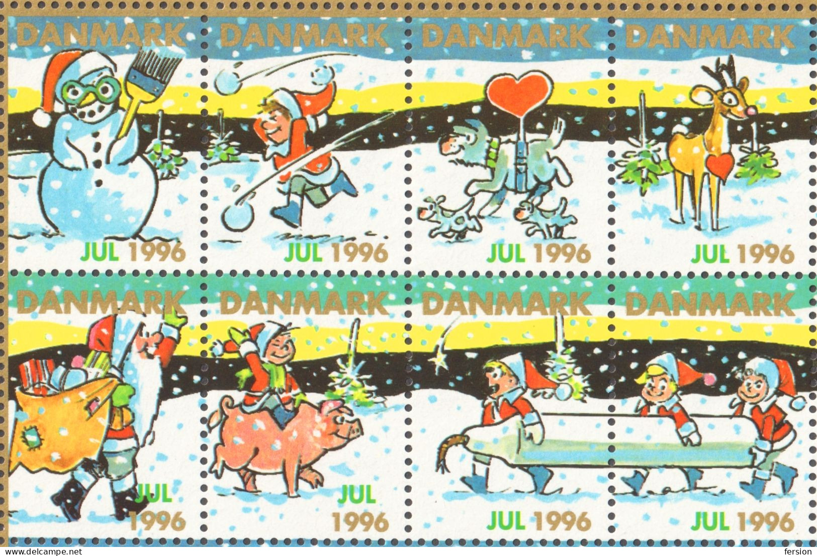 SANTA CLAUS Pig DEER Apple FOX Dog RABBIT Christmas JUL JULEN Charity Label Cinderella Vignette Gold Sheet 1996 Danmark - Autres & Non Classés