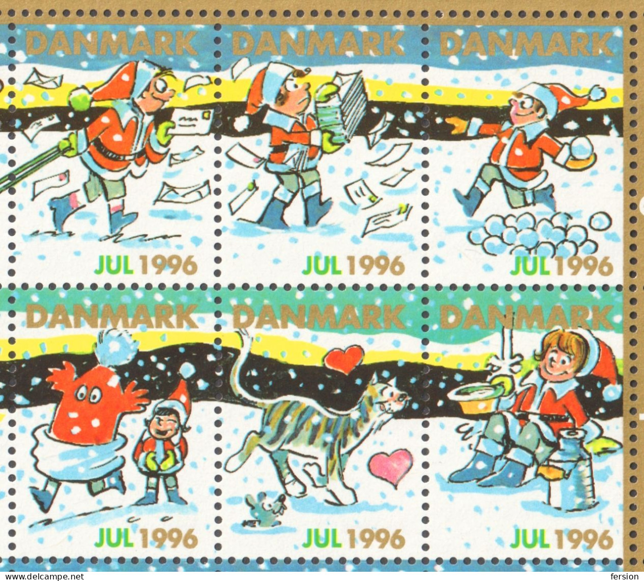 SANTA CLAUS Pig DEER Apple FOX Dog RABBIT Christmas JUL JULEN Charity Label Cinderella Vignette Gold Sheet 1996 Danmark - Other & Unclassified