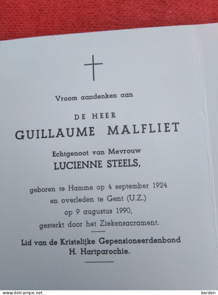 Doodsprentje Guillaume Malfliet / Hamme 4/9/1924 Gent 9/8/1990 ( Lucienne Steels ) - Religión & Esoterismo