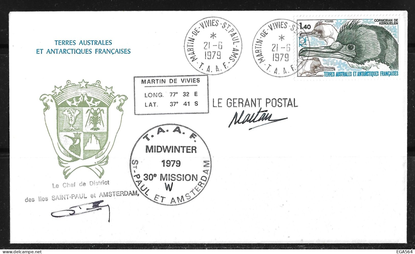 91 - Y&T PO78 Cormoran De Kerguelen Sur Pli Du 21.6.1979 St-Paul AMS, Midwinter 30è Mission - Superbe. - Storia Postale