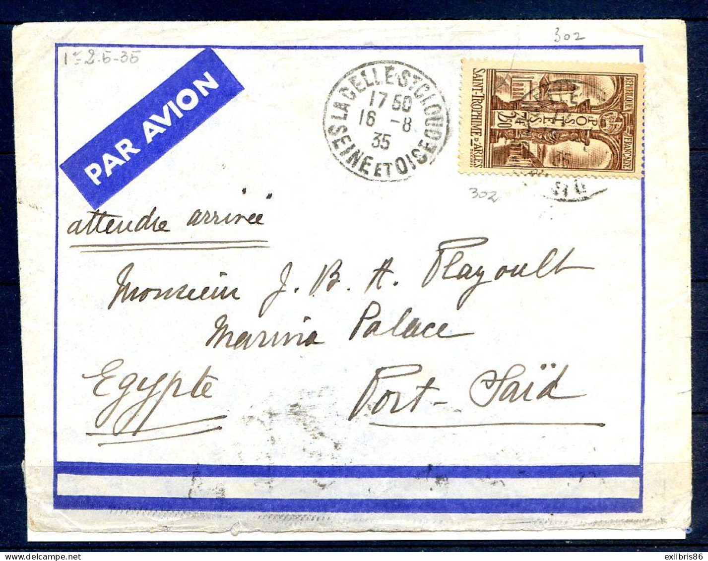 060524   YVERT N°  302   SEUL SUR LETTRE   PA PORT SAID/FRANCE - Autres & Non Classés