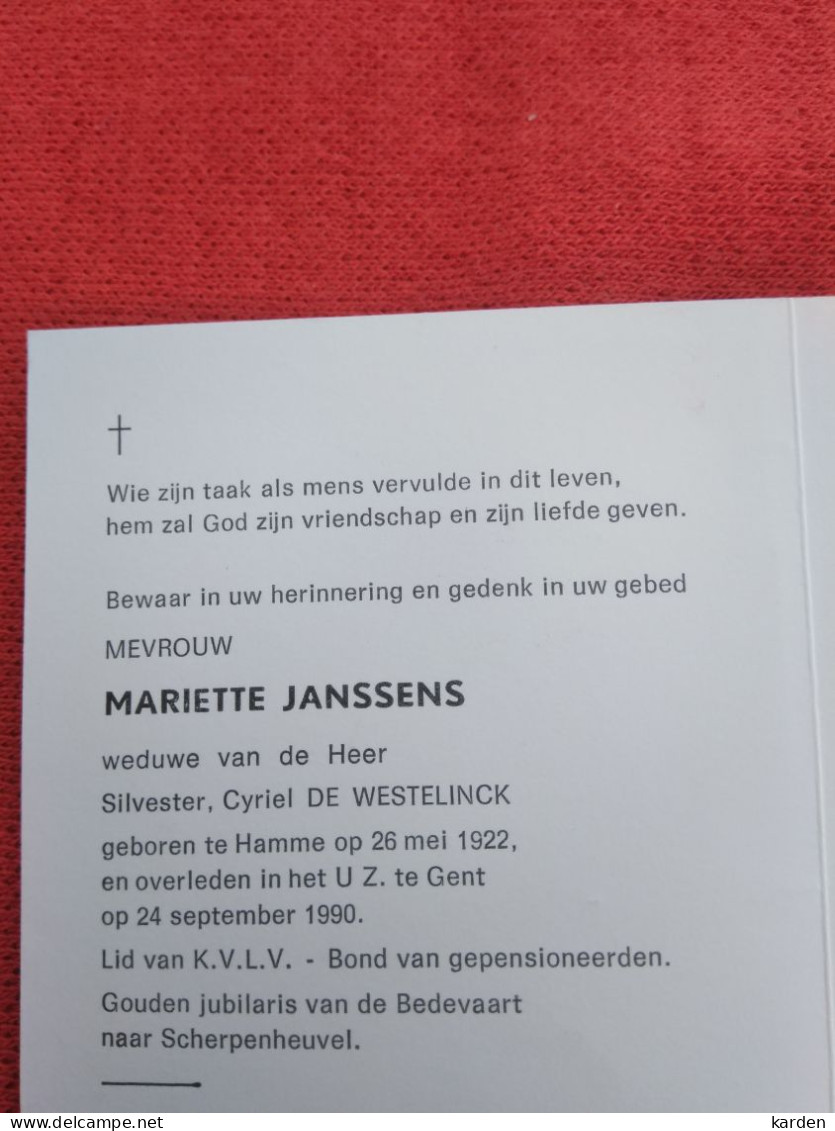 Doodsprentje Mariette Janssens / Hamme 26/5/1922 Gent 24/9/1922 ( Silverster Cyriel De Westelinck ) - Godsdienst & Esoterisme