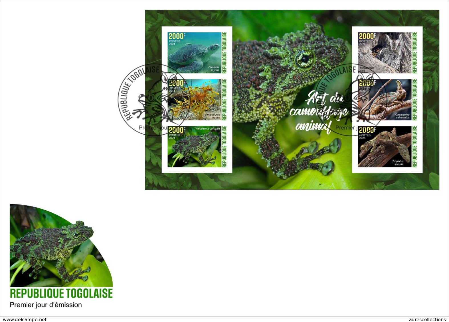 TOGO 2024 FDC MS 6V IMPERF - CAMOUFLAGE - FROG FROGS TURTLES TURTLE OWL OWLS GECKO CHAMELEON SEAHORSE HIPPOCAMPE - Turtles