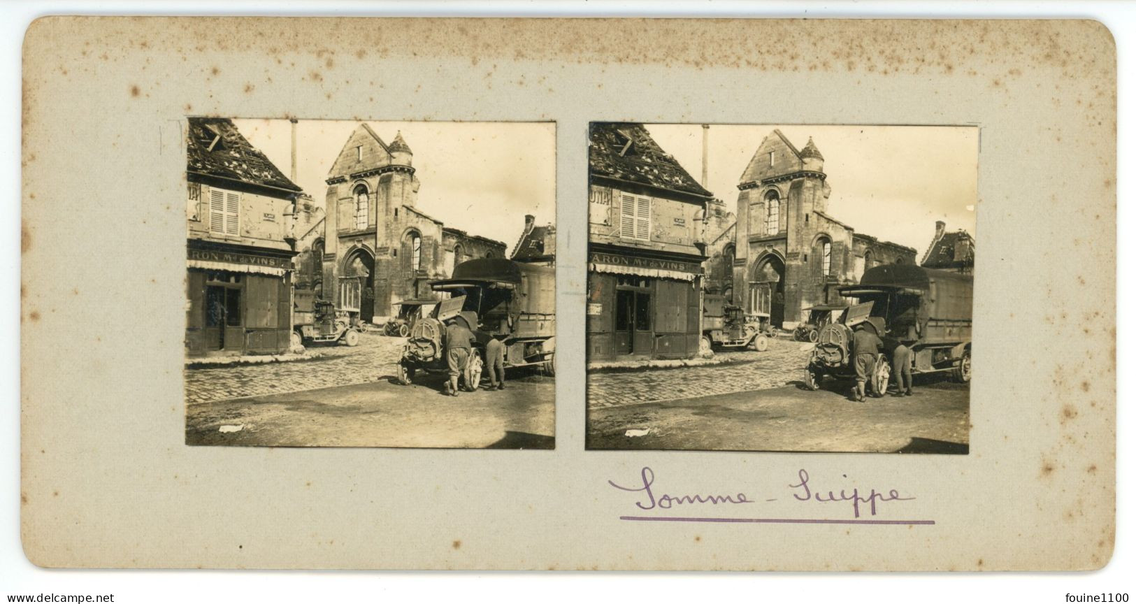 PHOTO Stéréo Format 17,8 X 9 Cm SOISSONS Camion DION BOUTON ? Ruine De La Guerre église Saint Pierre Marchand De Vins - Stereoscopic