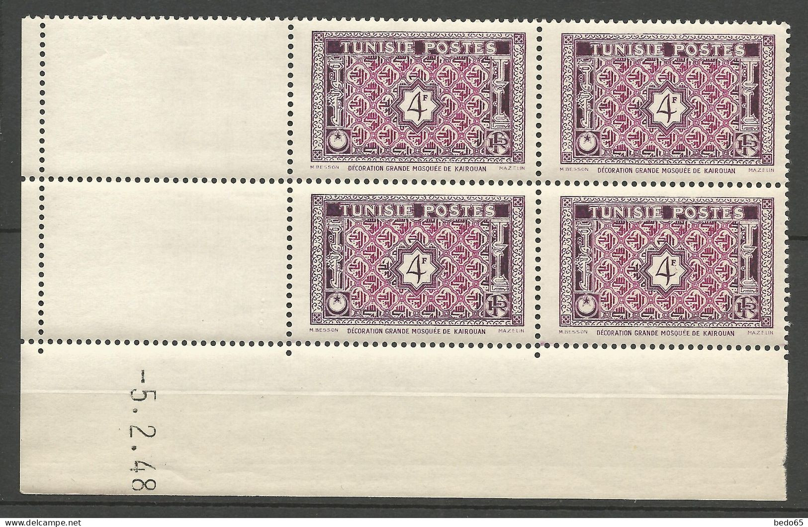 TUNISIE N° 315 Bloc De 4 Coin Daté 5 / 2 / 48 NEUF** SANS CHARNIERE NI TRACE  / Hingeless  / MNH - Unused Stamps