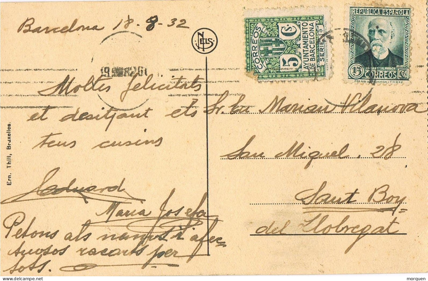 55060. Postal BARCELONA 1932. Republica. Sello Recargo Aytuntamiento. Vista Plaza Rogler De Bruxelles. Tranvias - Storia Postale